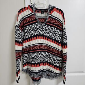 New Directions Aztec Fringe Knit Hoodie Sweater Women's Medium Blue Orange White